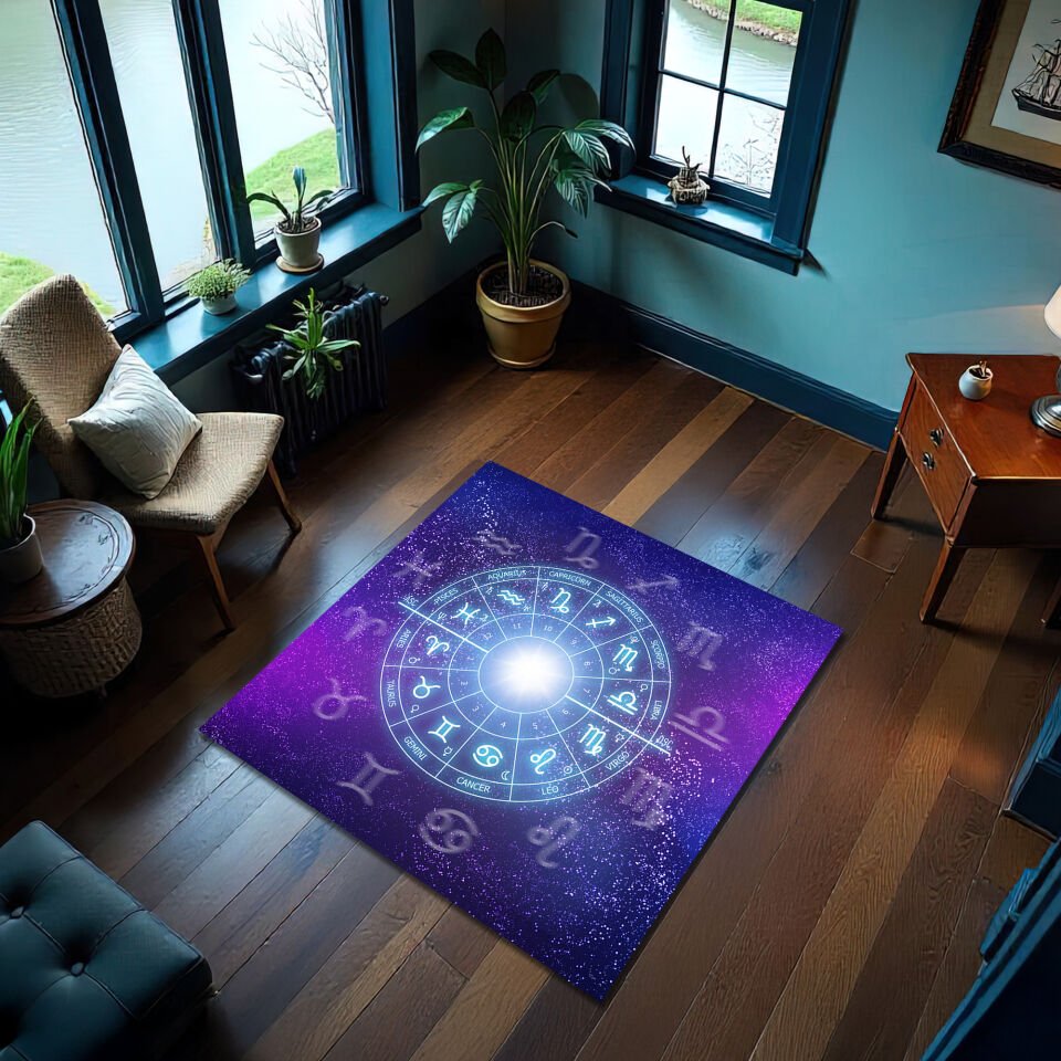 Galactic Zodiac Constellation Rug – Purple Cosmic Astrology Floor Mat