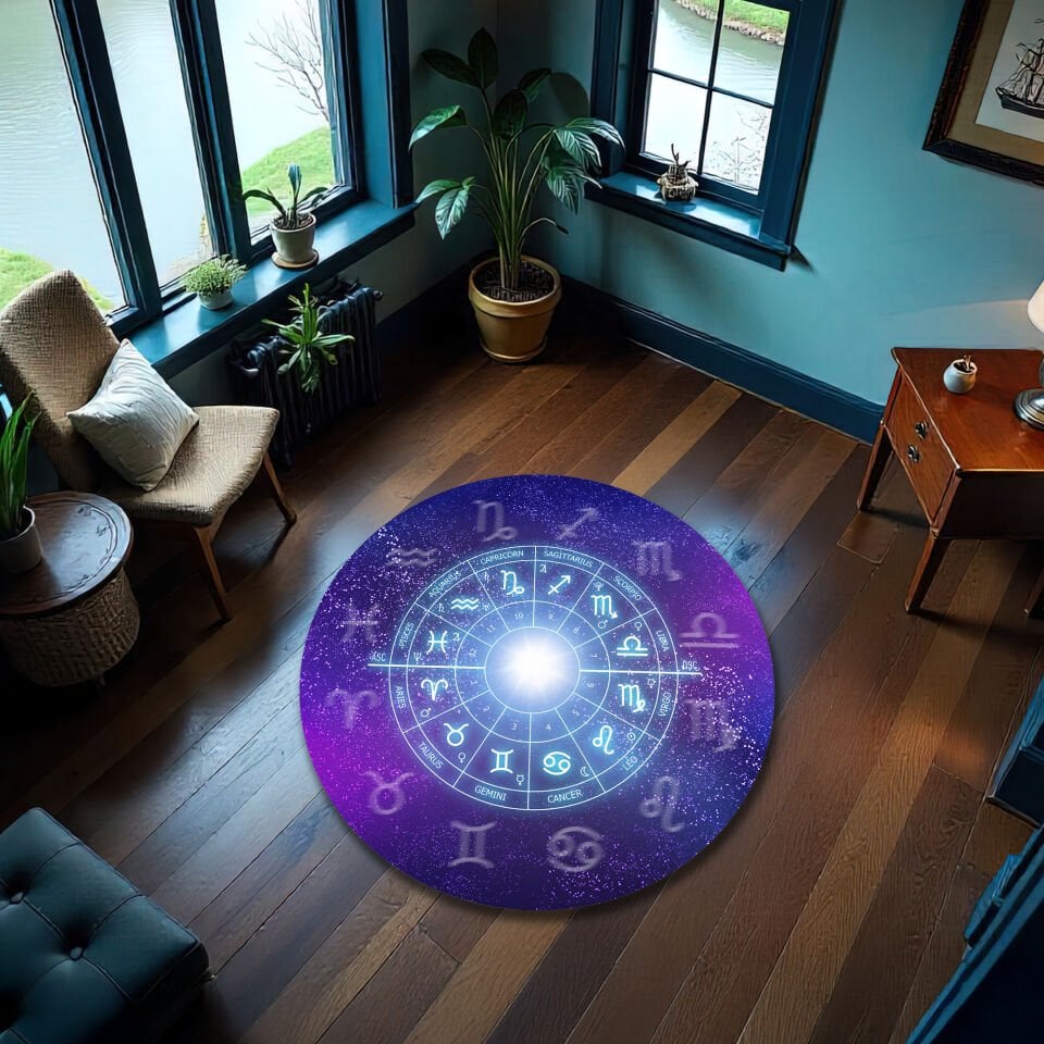 Galactic Zodiac Constellation Rug – Purple Cosmic Astrology Floor Mat