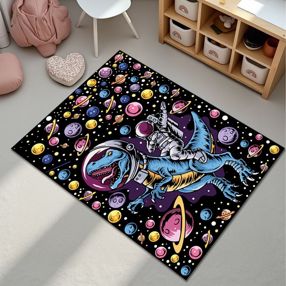 Astronaut Riding Dinosaur Kids Room Rug – Colorful Space Galaxy Design