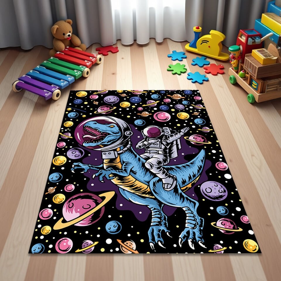 Astronaut Riding Dinosaur Kids Room Rug – Colorful Space Galaxy Design