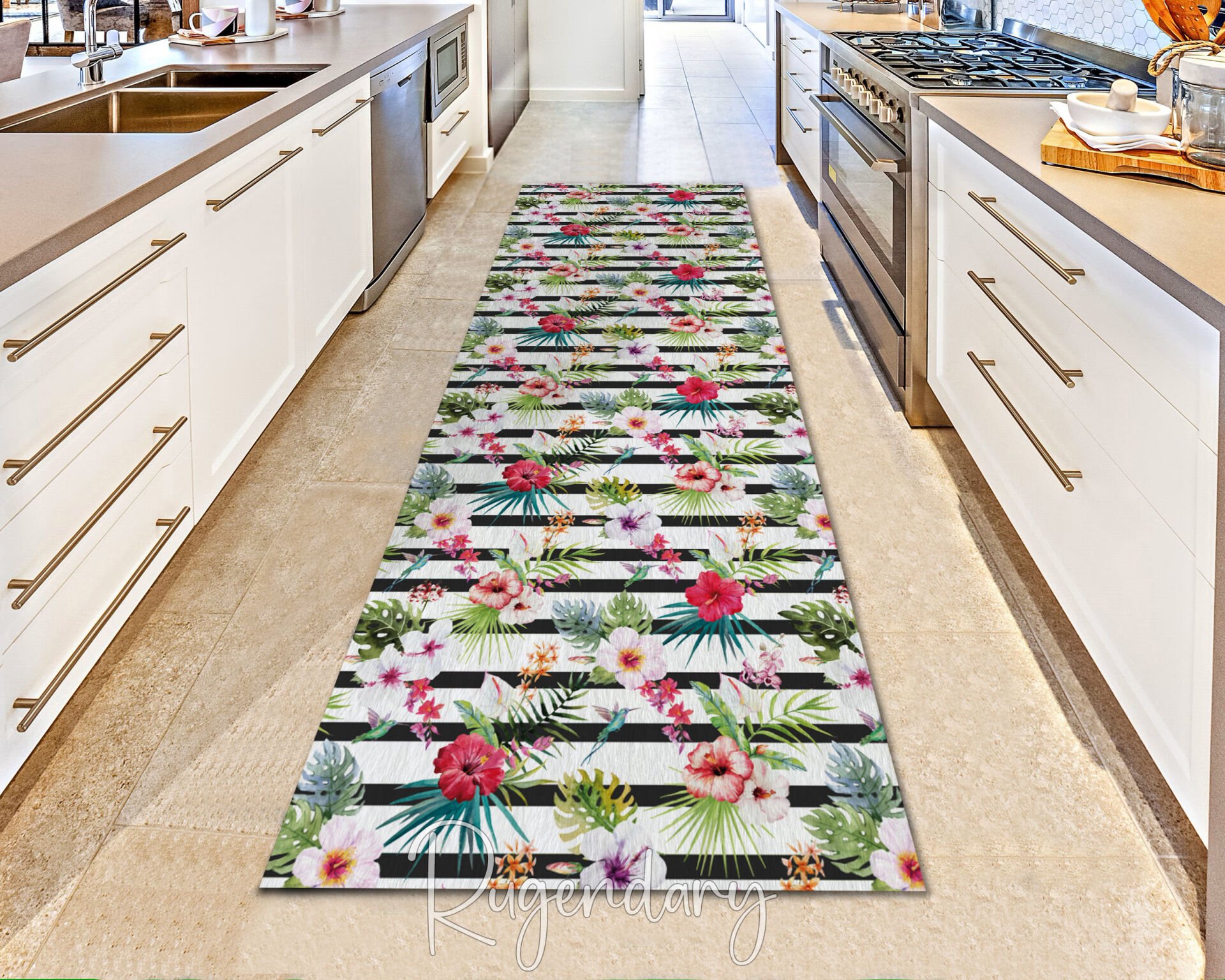 Tropical Floral Runner Rug – Colorful Hibiscus & Leaf Washable Long Carpet with Striped Background
