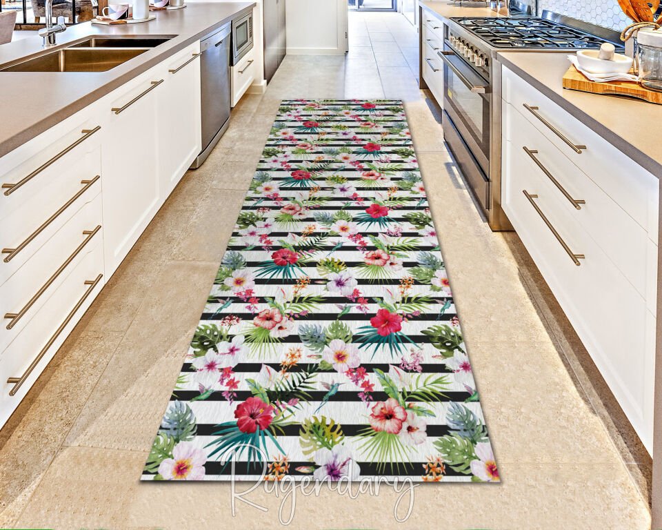 Tropical Floral Runner Rug – Colorful Hibiscus & Leaf Washable Long Carpet with Striped Background