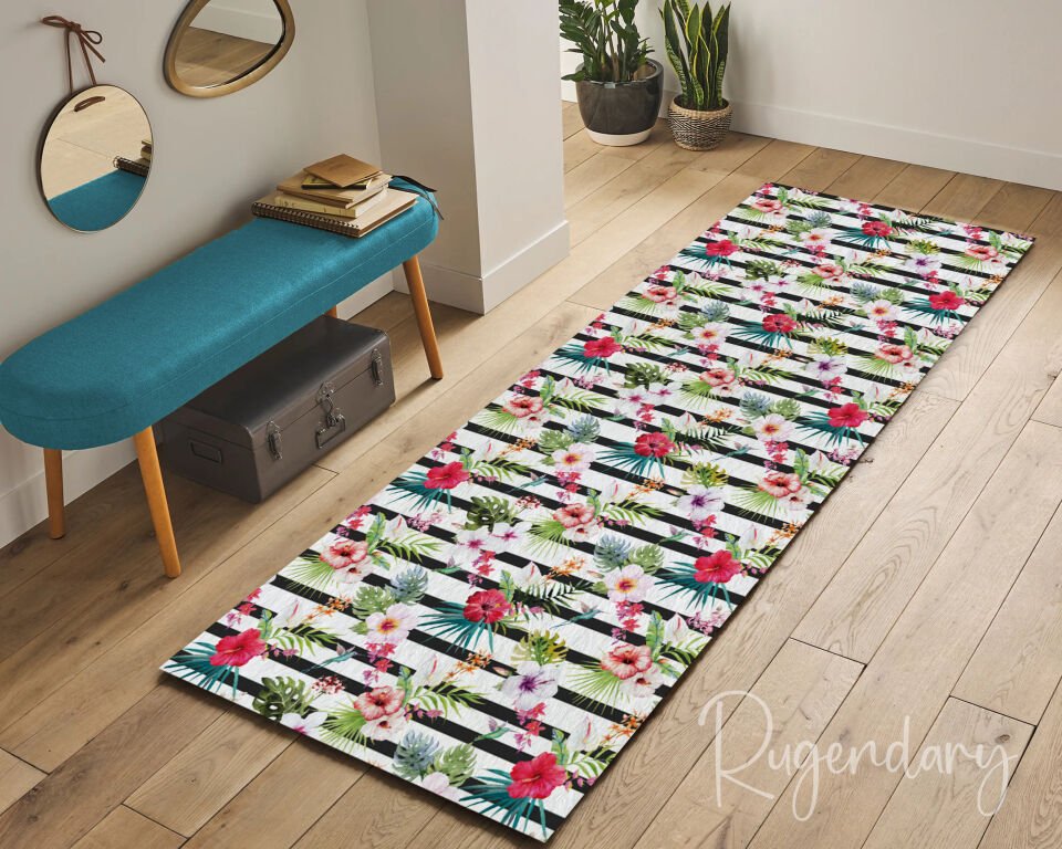 Tropical Floral Runner Rug – Colorful Hibiscus & Leaf Washable Long Carpet with Striped Background