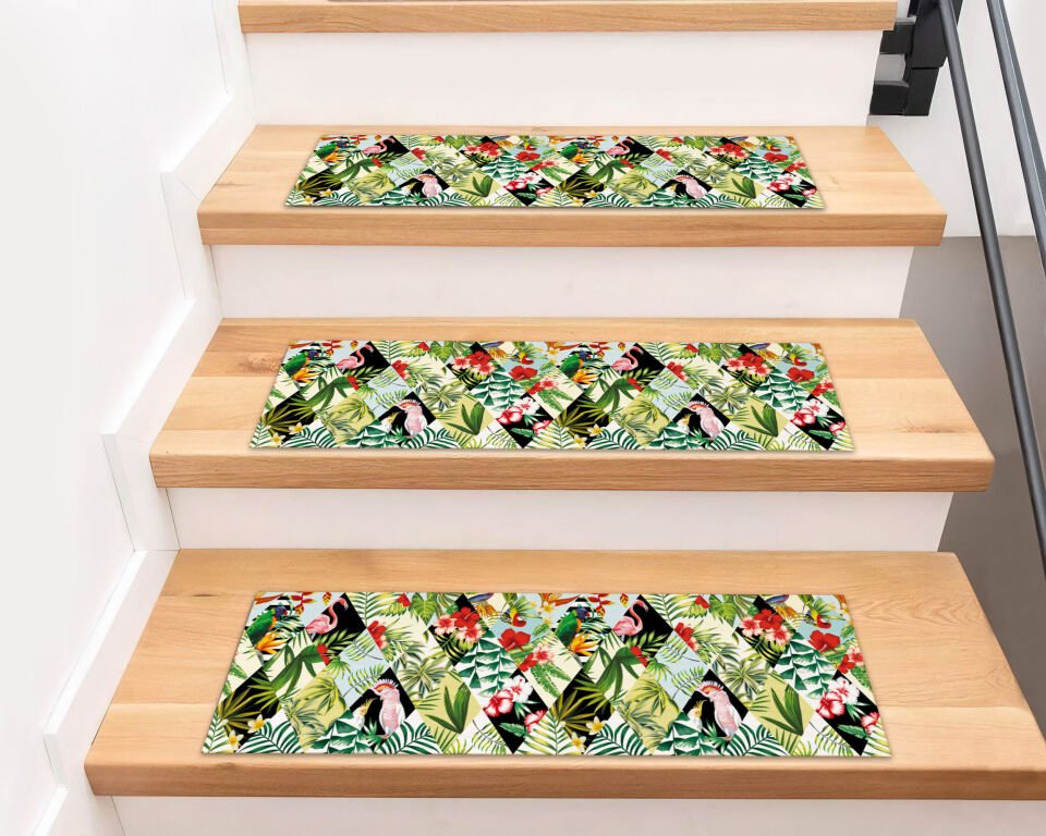 Tropical Jungle Stair Treads – Colorful Parrot & Leaf Pattern
