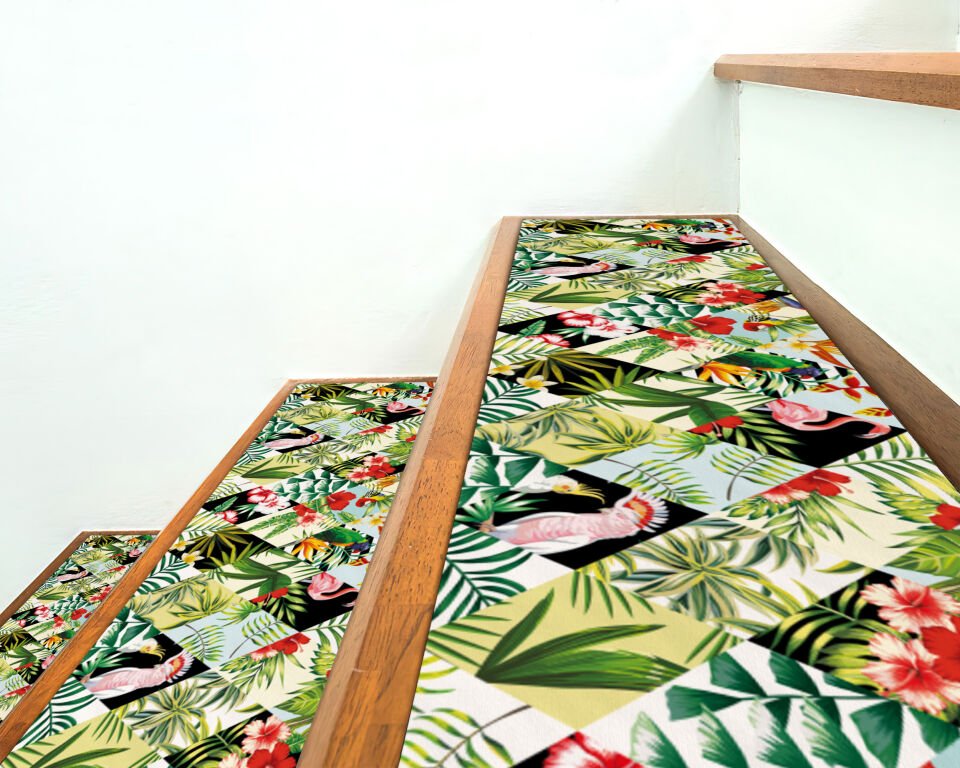 Tropical Jungle Stair Treads – Colorful Parrot & Leaf Pattern