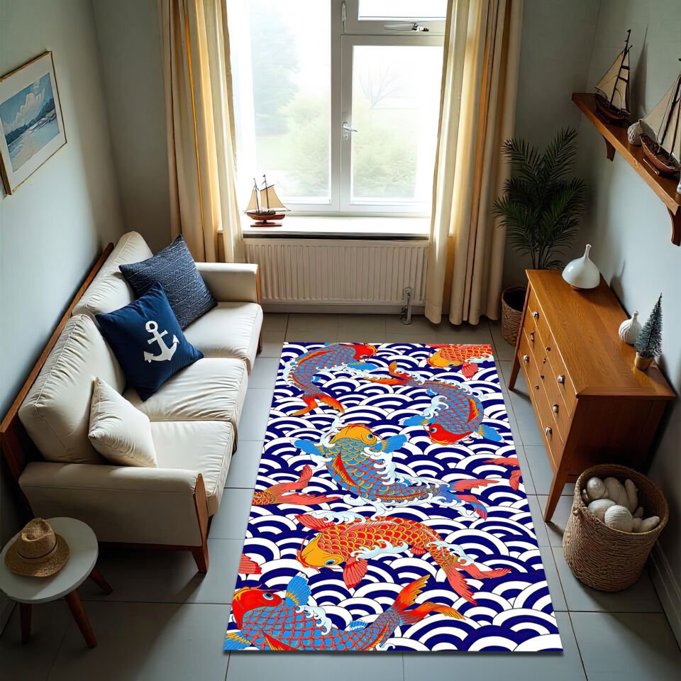 Japanese Koi Fish Rug – Colorful Waves and Carp Pattern Carpet