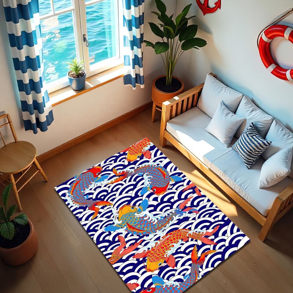 Japanese Koi Fish Rug – Colorful Waves and Carp Pattern Carpet