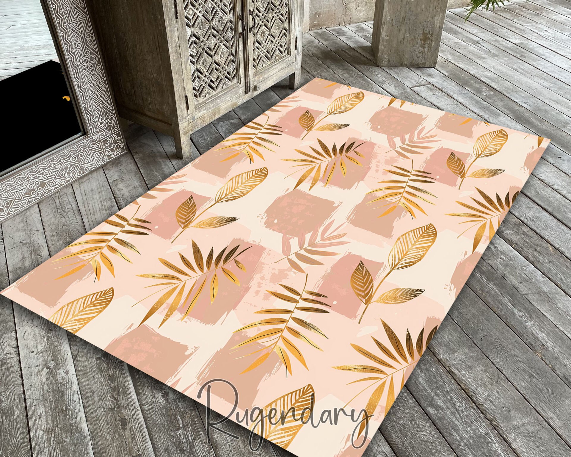 Blush & Gold Leaf Living Room Rug – Elegant Botanical Design