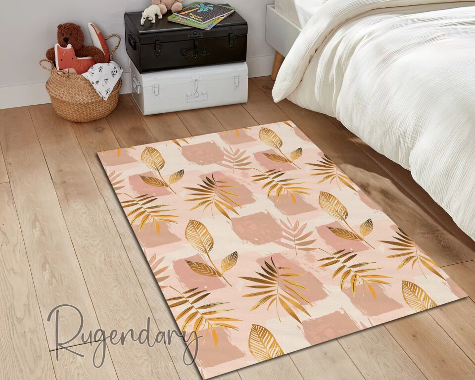 Blush & Gold Leaf Living Room Rug – Elegant Botanical Design