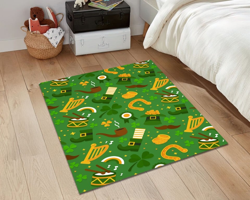 St Patricks Day Green Shamrock Rug Irish Holiday Decor Lucky Clover Floor Mat Home Accent