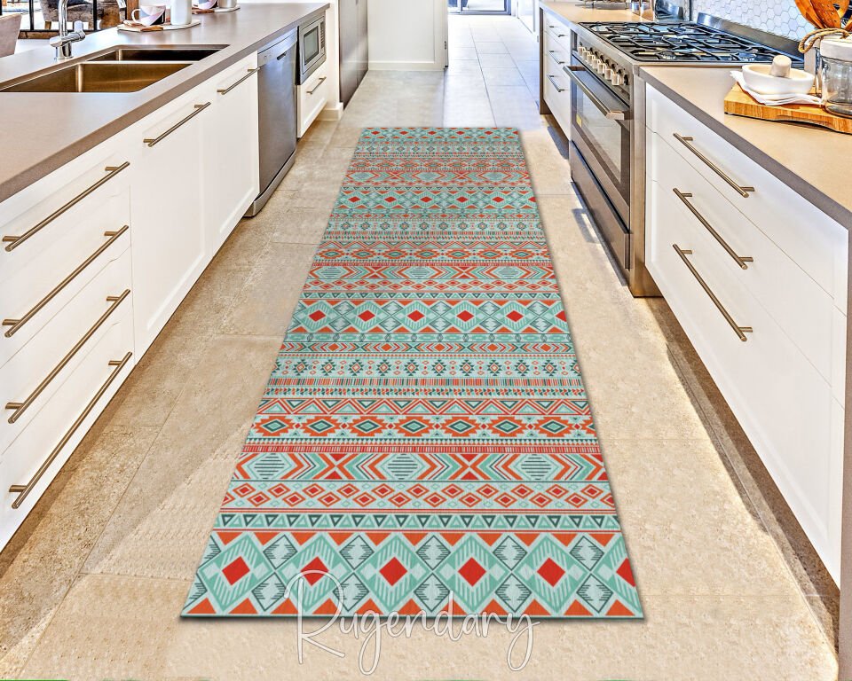 Turquoise & Orange Tribal Runner Rug – Boho Geometric Hallway Carpet