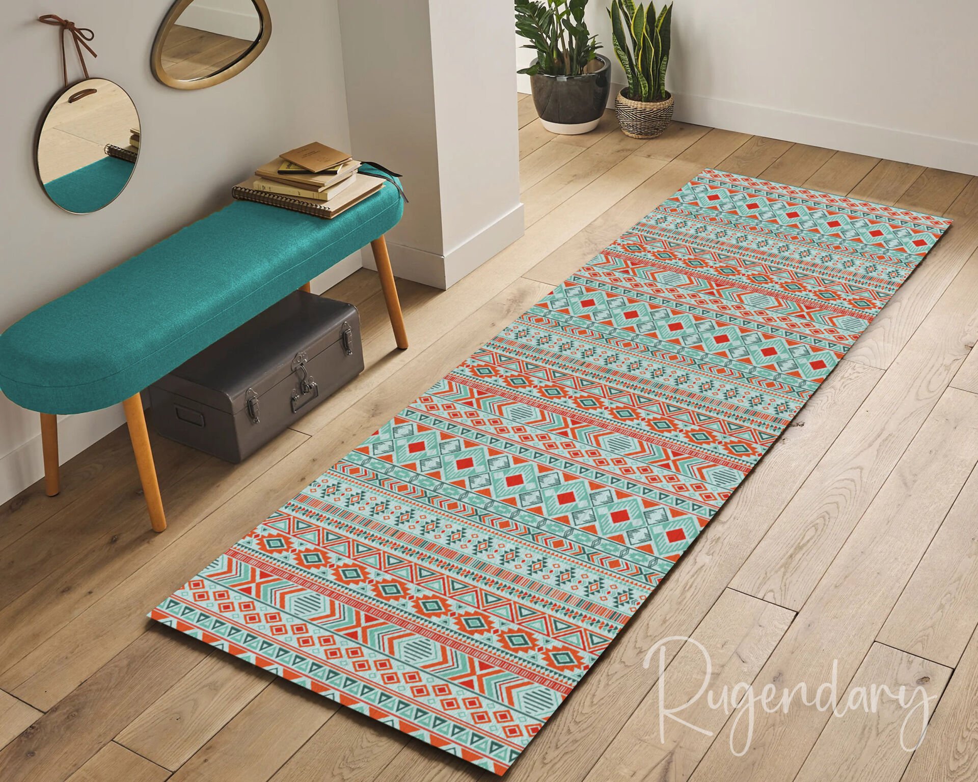 Turquoise & Orange Tribal Runner Rug – Boho Geometric Hallway Carpet