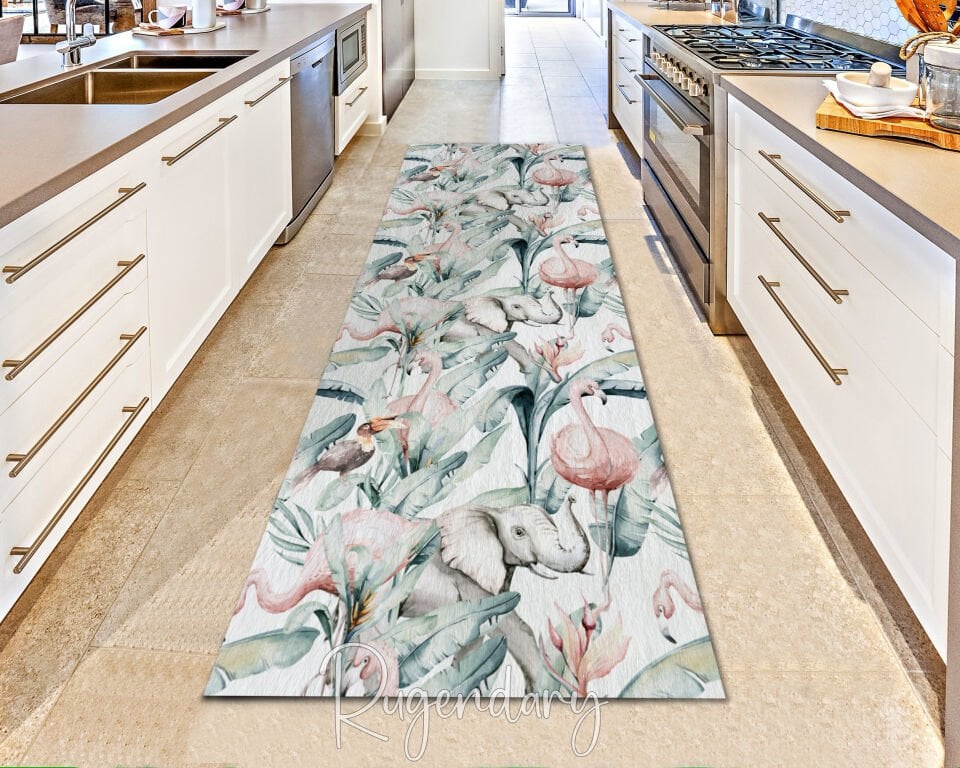 Safari Jungle Runner Rug for Kitchen Hallway Entryway, Long Carpet with Elephant and Flamingo Design, Exotic Non Slip Floor Decor