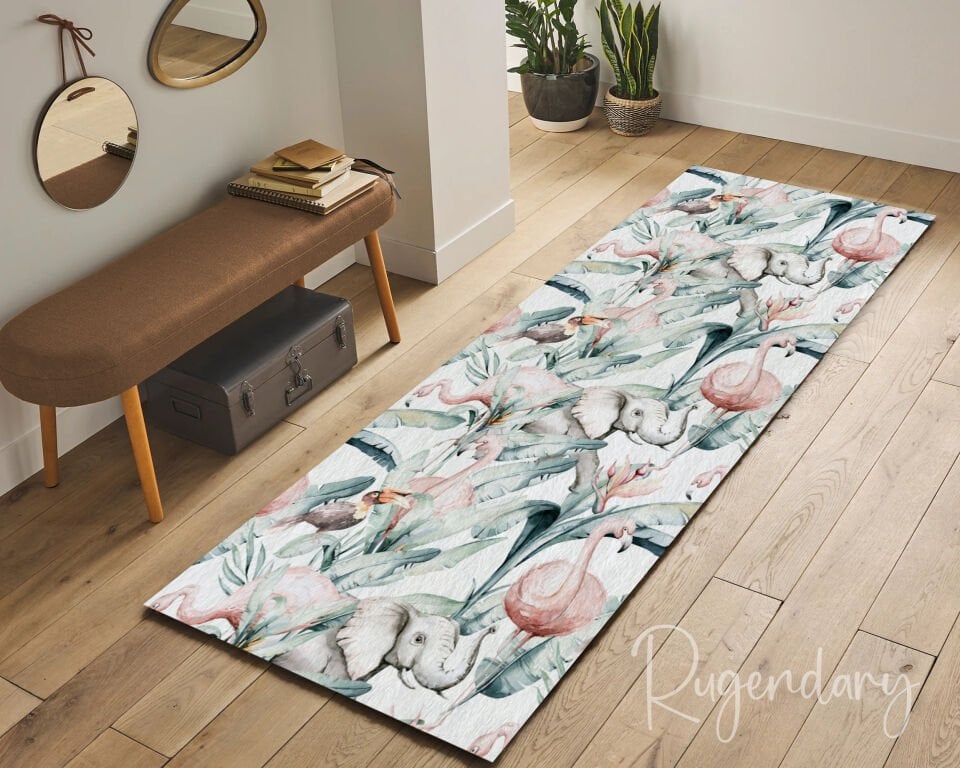 Safari Jungle Runner Rug for Kitchen Hallway Entryway, Long Carpet with Elephant and Flamingo Design, Exotic Non Slip Floor Decor