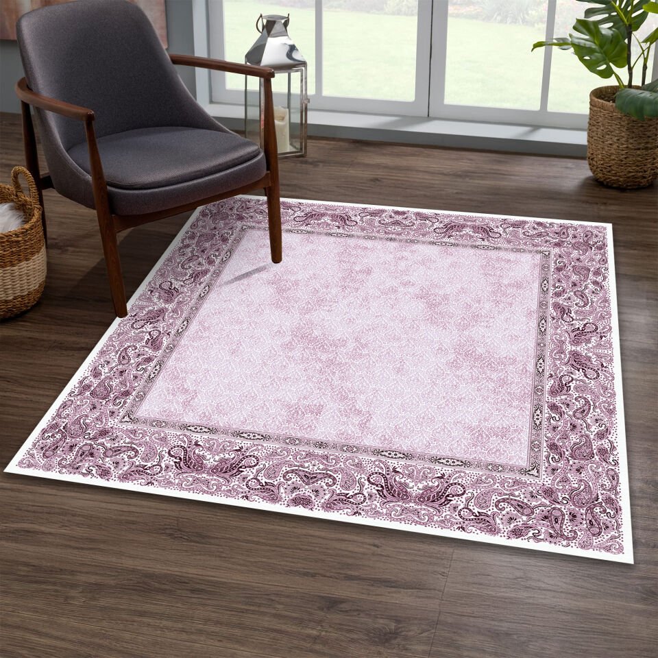 Purple Paisley Border Square Rug – Classic Pattern Carpet for Living Room