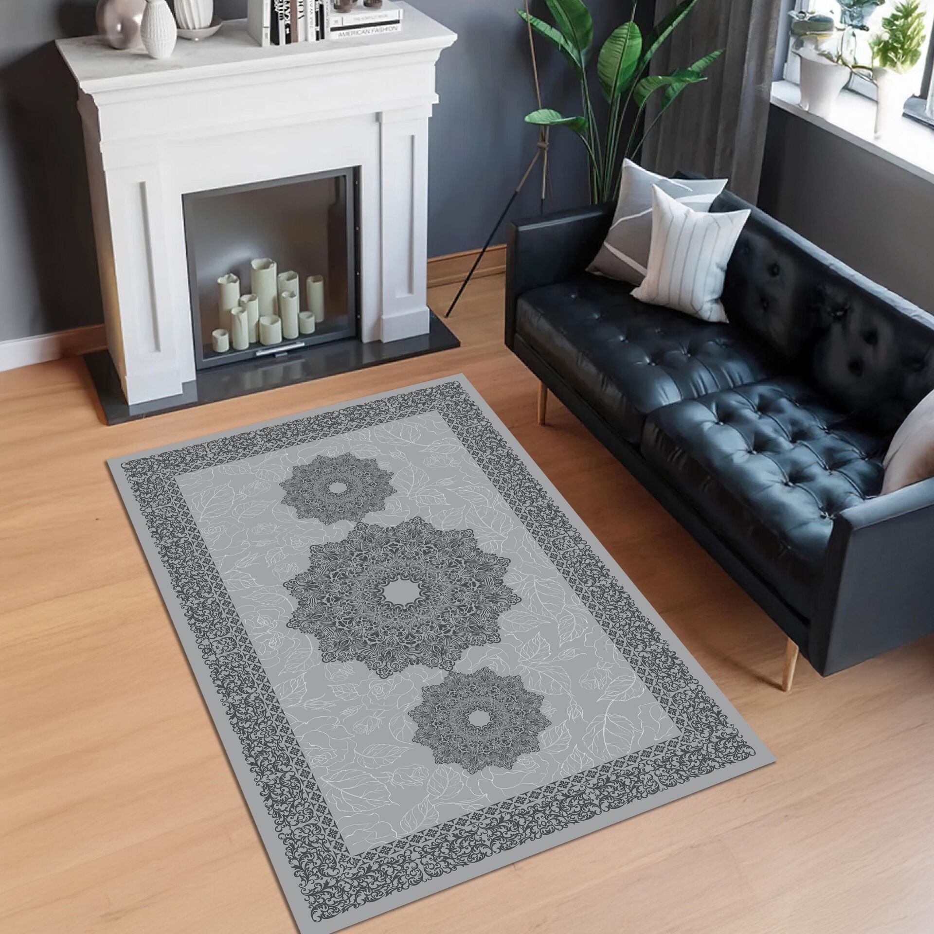 Gray Medallion Rug Elegant Oriental Pattern Decorative Carpet