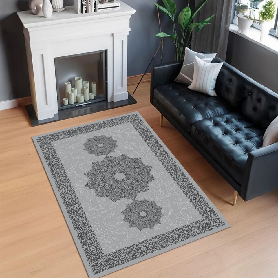 Gray Medallion Rug Elegant Oriental Pattern Decorative Carpet
