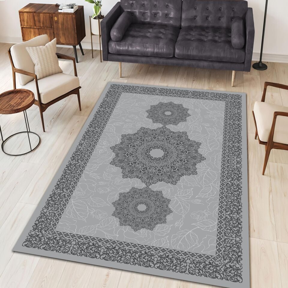 Gray Medallion Rug Elegant Oriental Pattern Decorative Carpet