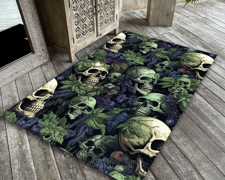 Gothic Skull & Floral Rug – Dark Green Horror-Inspired Carpet