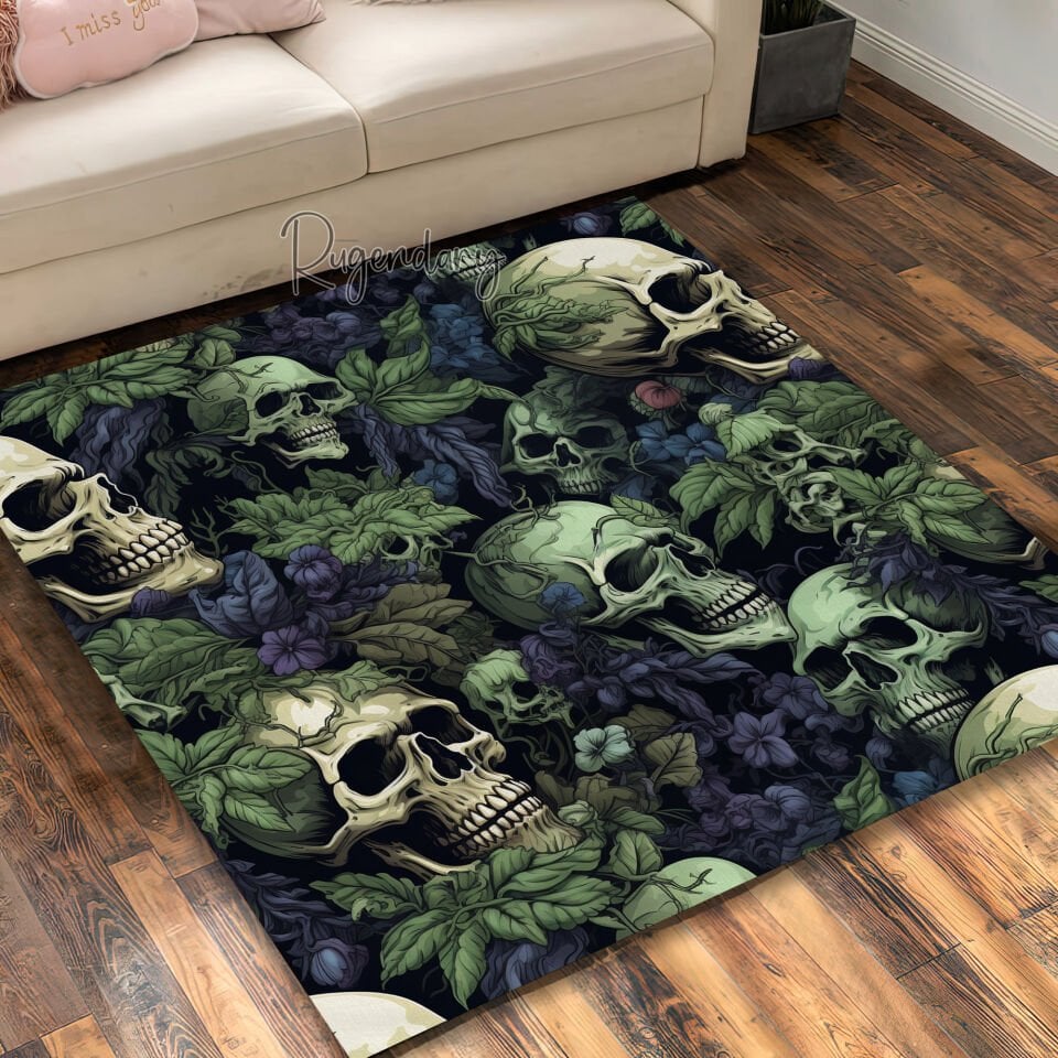 Gothic Skull & Floral Rug – Dark Green Horror-Inspired Carpet
