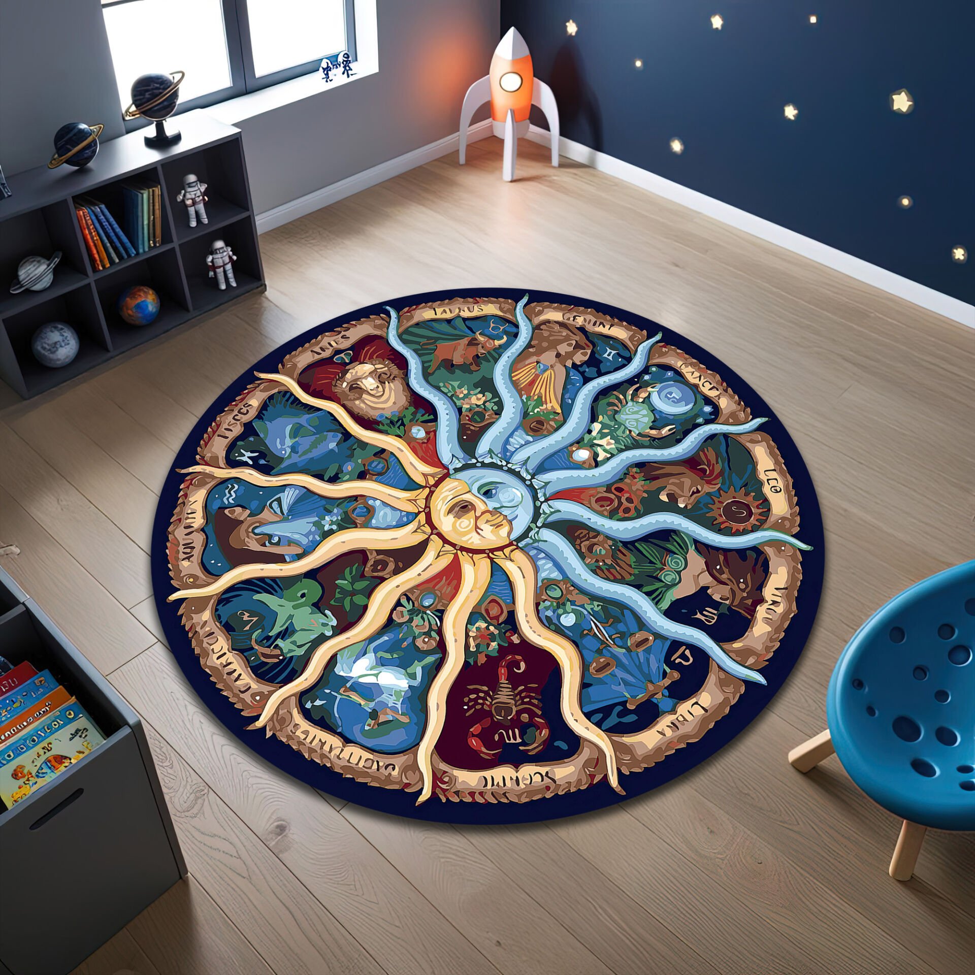 Round Zodiac Wheel Rug – Sun & Moon Astrology Design