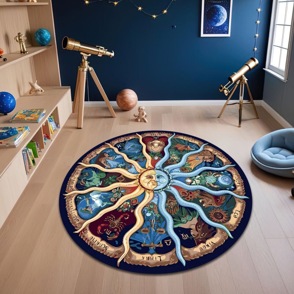 Round Zodiac Wheel Rug – Sun & Moon Astrology Design