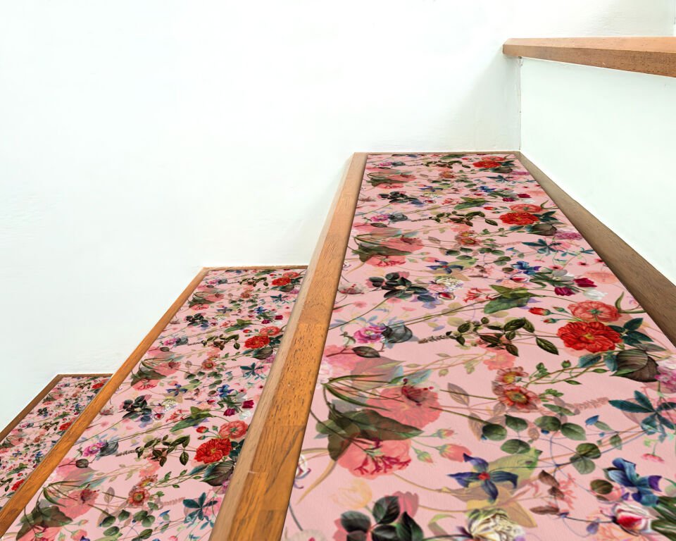 Blush Pink Floral Stair Treads – Romantic Garden-Inspired Step Mats