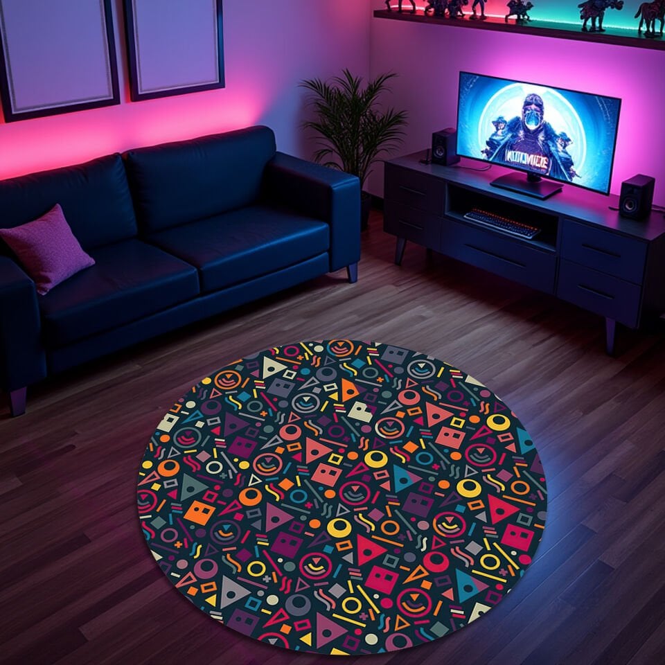 Retro Geometric Gamer Rug – Colorful 80s Pattern for Gaming Rooms