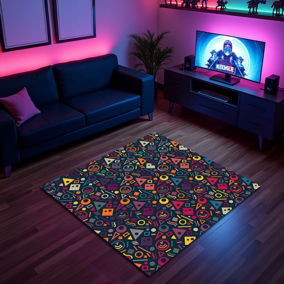 Retro Geometric Gamer Rug – Colorful 80s Pattern for Gaming Rooms