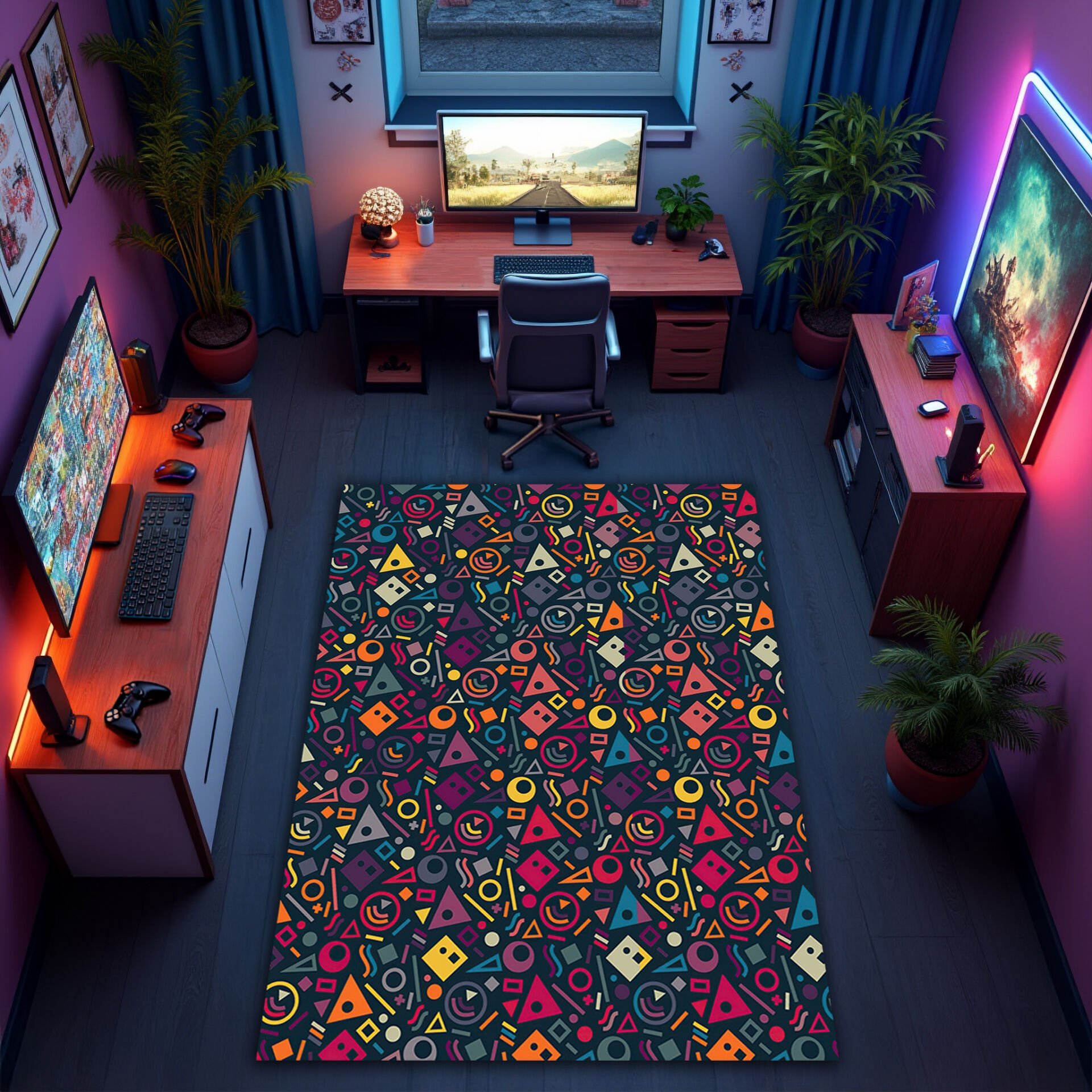 Retro Geometric Gamer Rug – Colorful 80s Pattern for Gaming Rooms