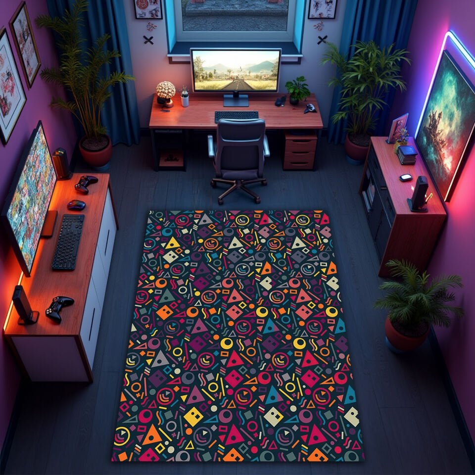 Retro Geometric Gamer Rug – Colorful 80s Pattern for Gaming Rooms