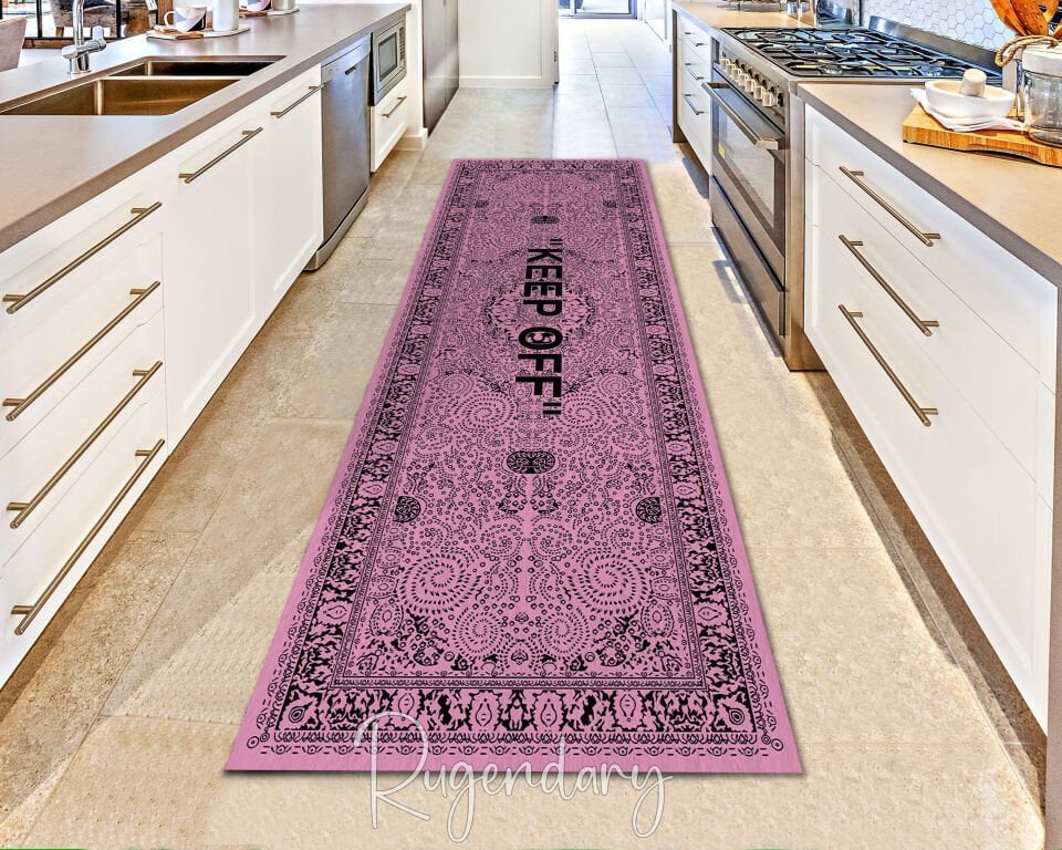 Pink ''KEEP OFF'' Runner Rug – Modern Statement Hallway Carpet