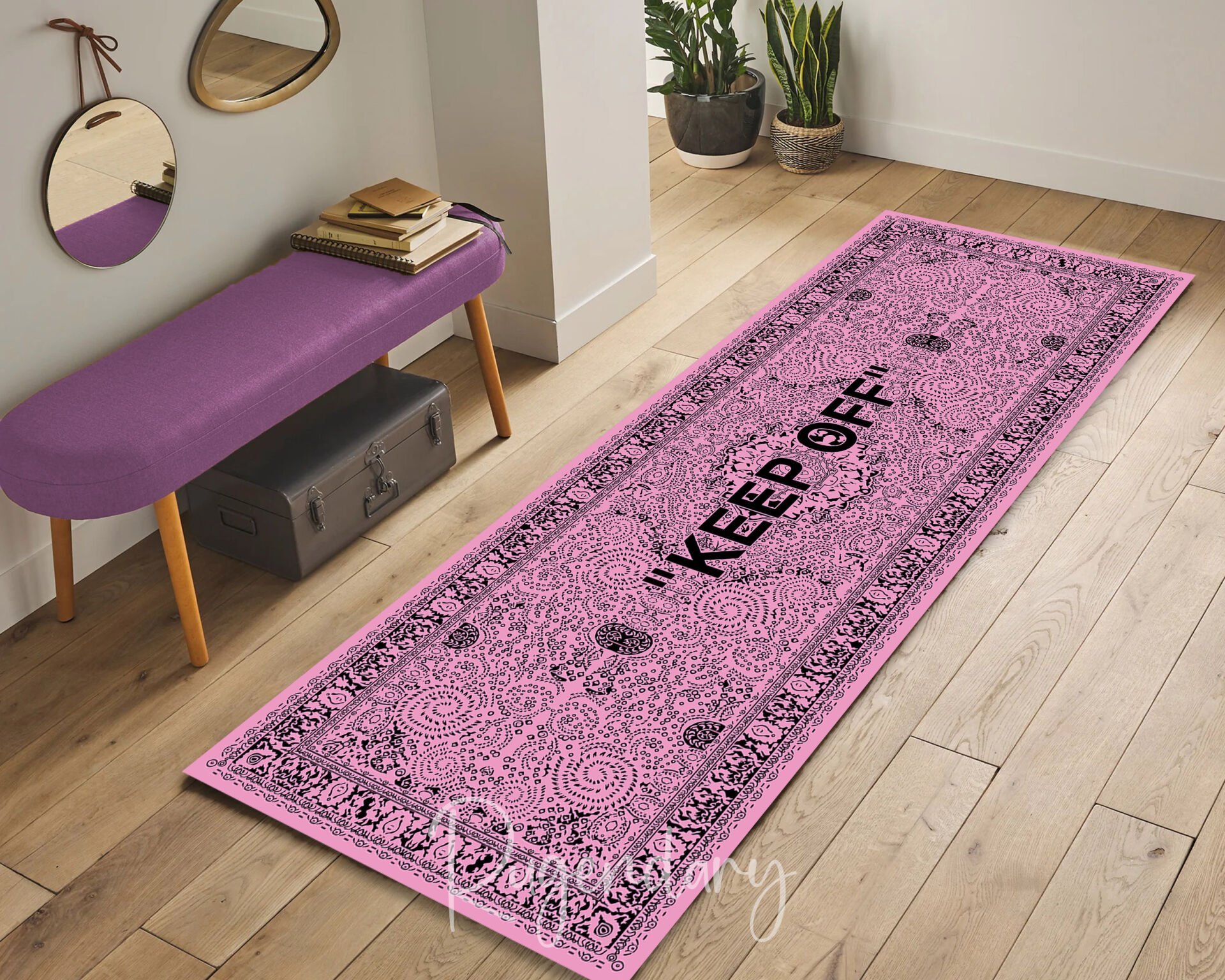 Pink ''KEEP OFF'' Runner Rug – Modern Statement Hallway Carpet