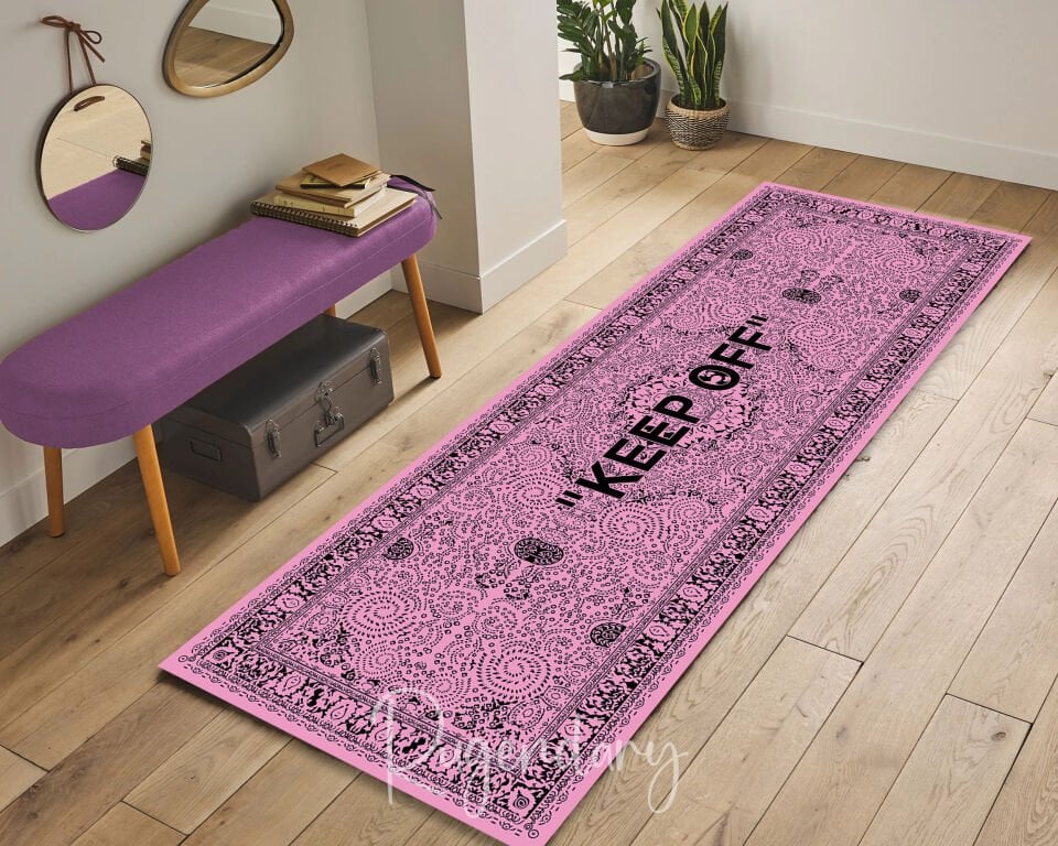 Pink ''KEEP OFF'' Runner Rug – Modern Statement Hallway Carpet