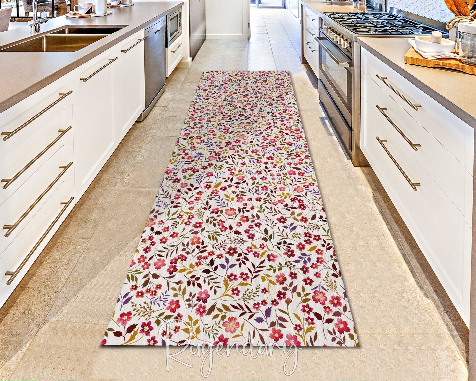 Floral Kitchen Runner Rug – Colorful Botanical Long Carpet for Hallway & Cooking Space