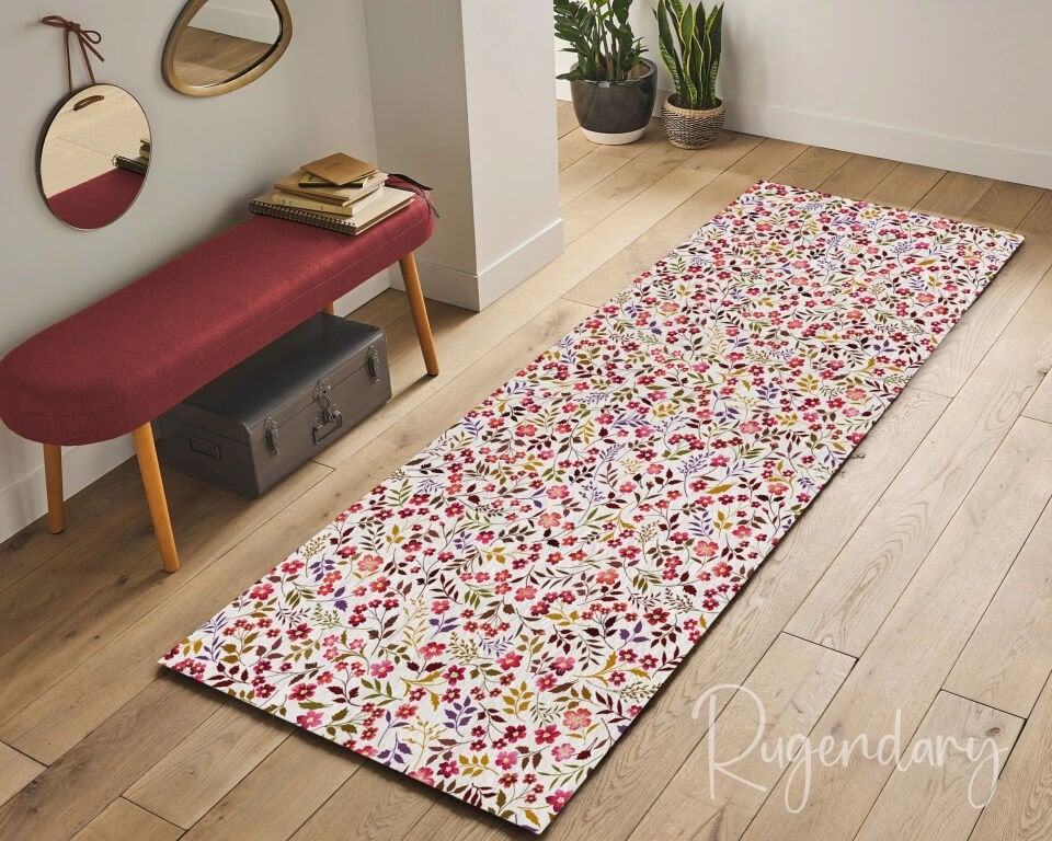 Floral Kitchen Runner Rug – Colorful Botanical Long Carpet for Hallway & Cooking Space