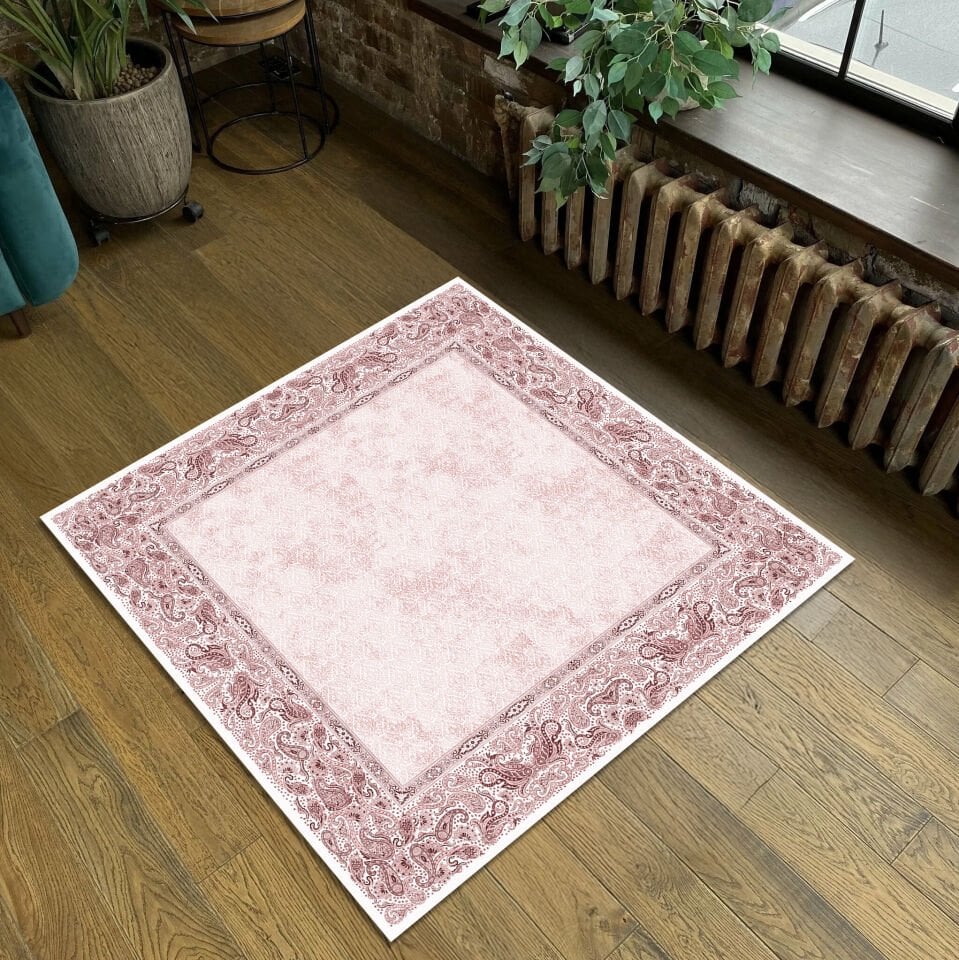 Red Paisley Border Square Rug – Classic Pattern Carpet for Living Room