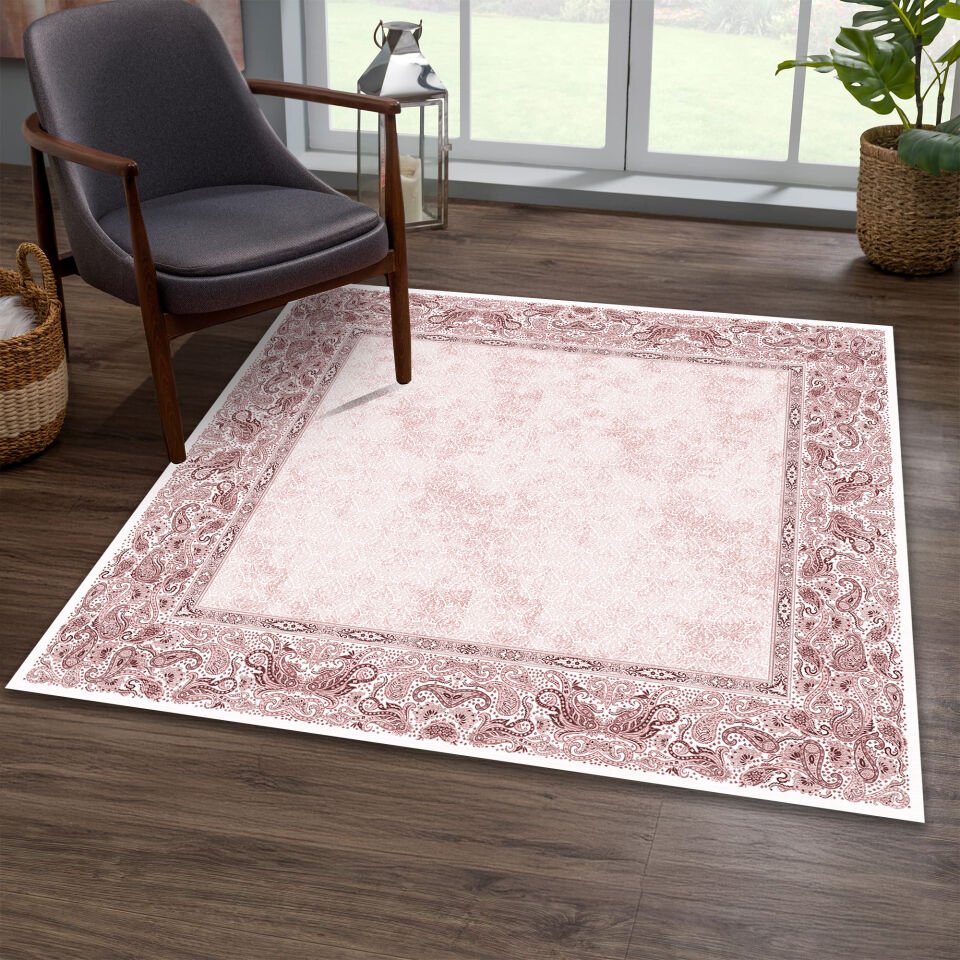 Red Paisley Border Square Rug – Classic Pattern Carpet for Living Room