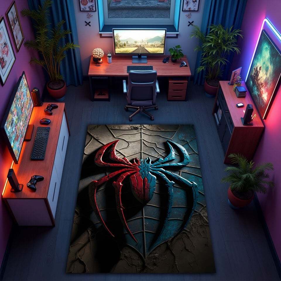 Red & Blue Spider Emblem Rug – 3D Webbed Superhero Design for Gamers