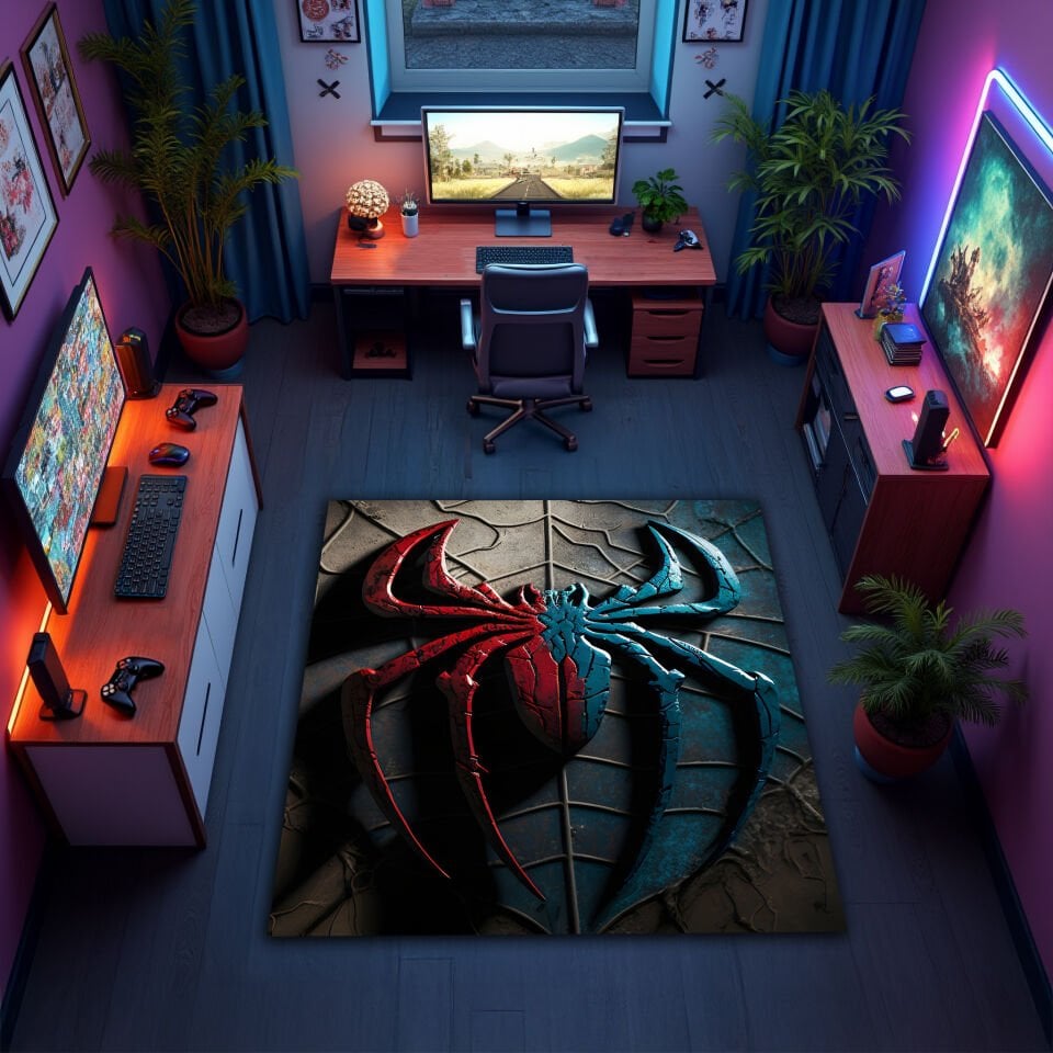 Red & Blue Spider Emblem Rug – 3D Webbed Superhero Design for Gamers