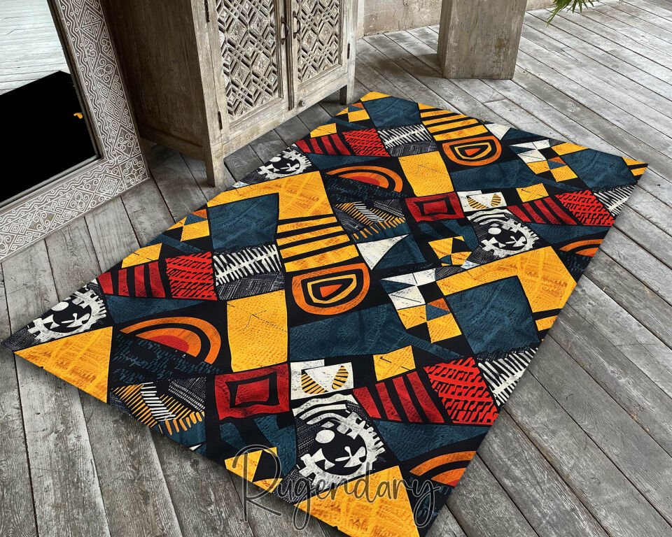 Modern Geometric Living Room Rug – Vibrant Abstract Design in Yellow, Red & Blue