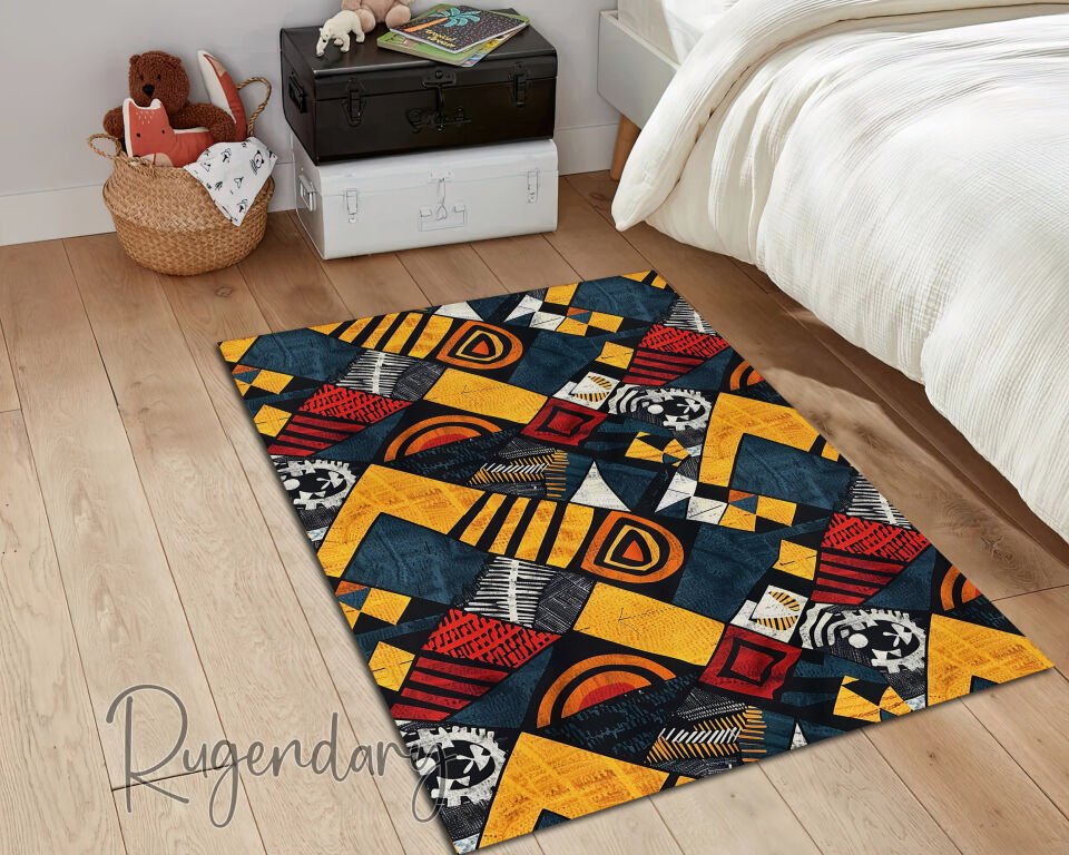Modern Geometric Living Room Rug – Vibrant Abstract Design in Yellow, Red & Blue