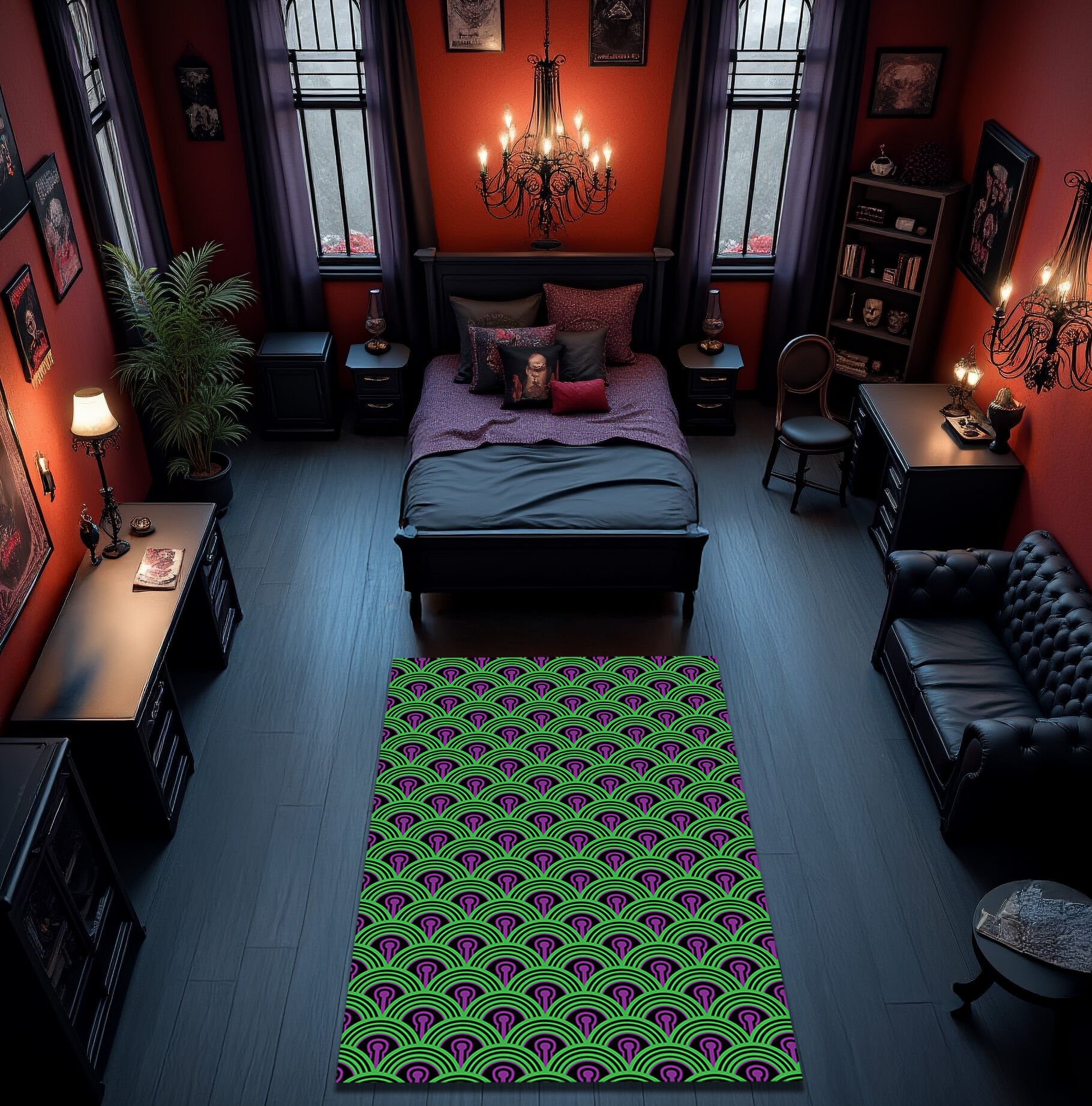Vibrant Green and Purple Wave Pattern Rug – Eye-Catching Geometric Floor Carpet for Bold Interiors