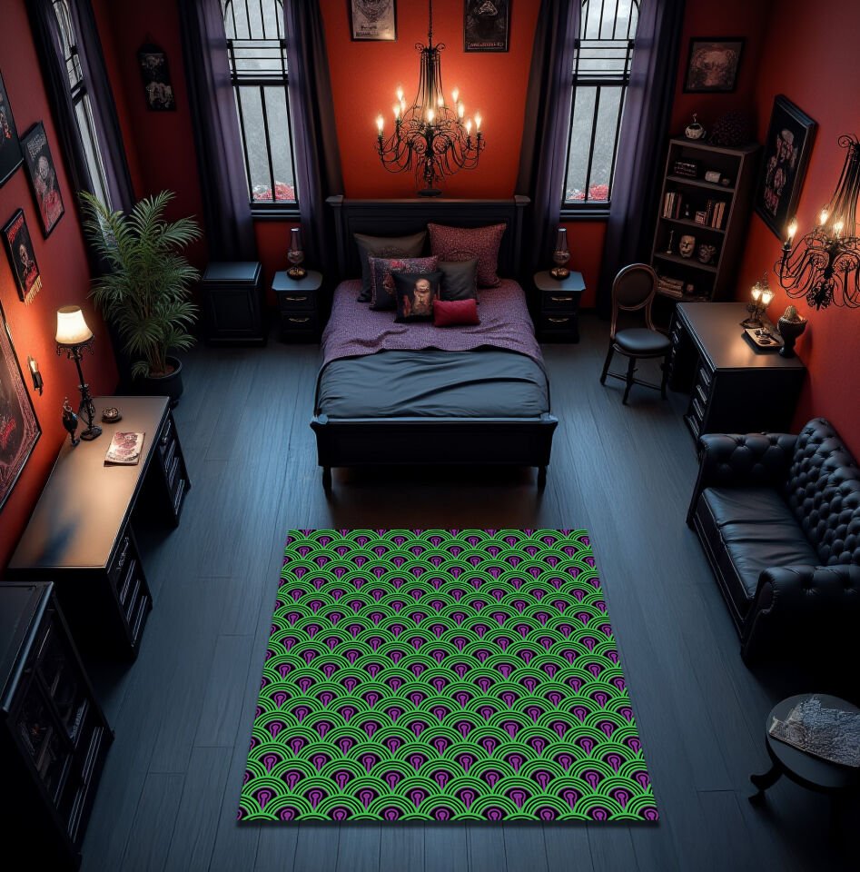 Vibrant Green and Purple Wave Pattern Rug – Eye-Catching Geometric Floor Carpet for Bold Interiors