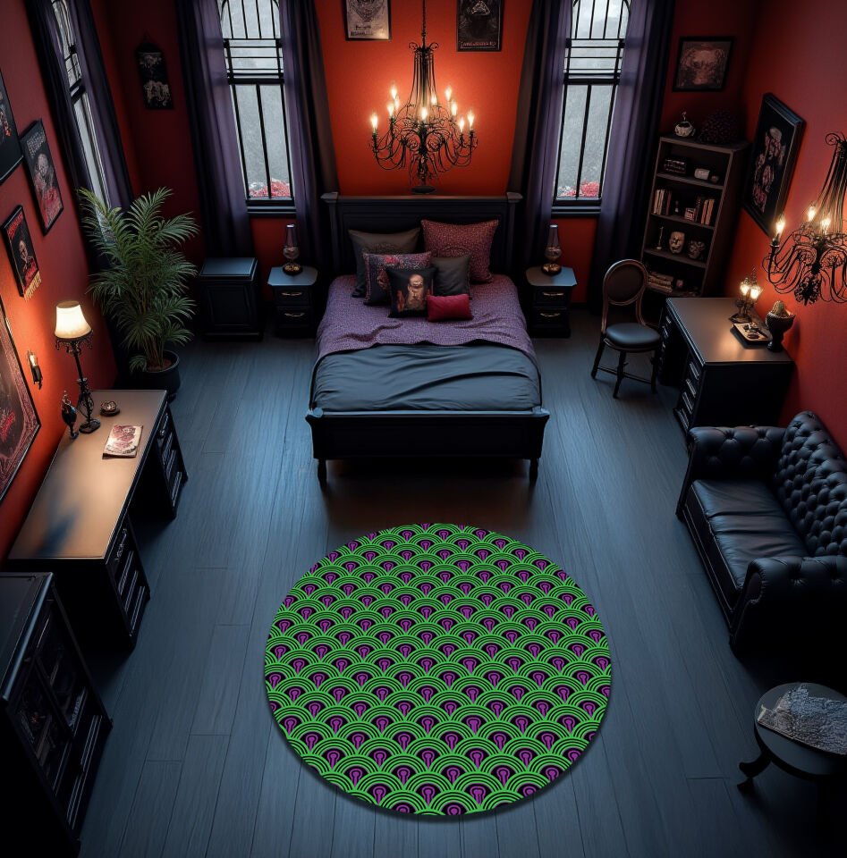 Vibrant Green and Purple Wave Pattern Rug – Eye-Catching Geometric Floor Carpet for Bold Interiors