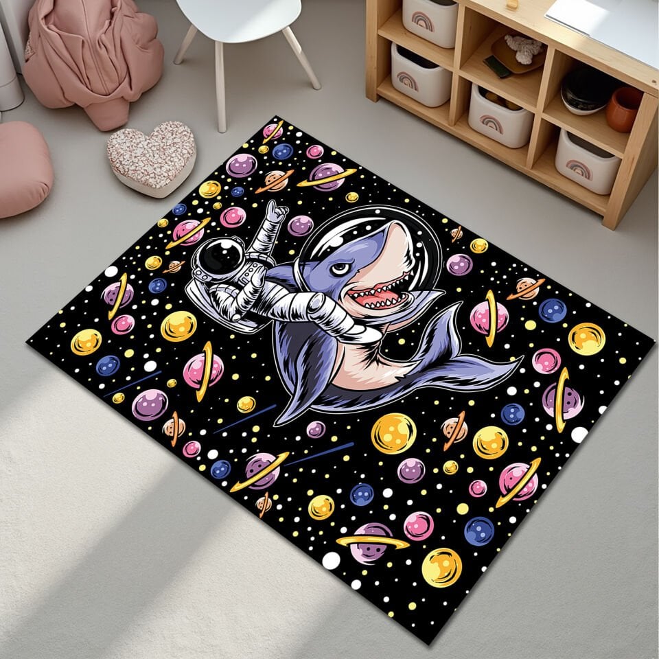 Astronaut Riding Shark Kids Room Rug – Colorful Space Galaxy Carpet