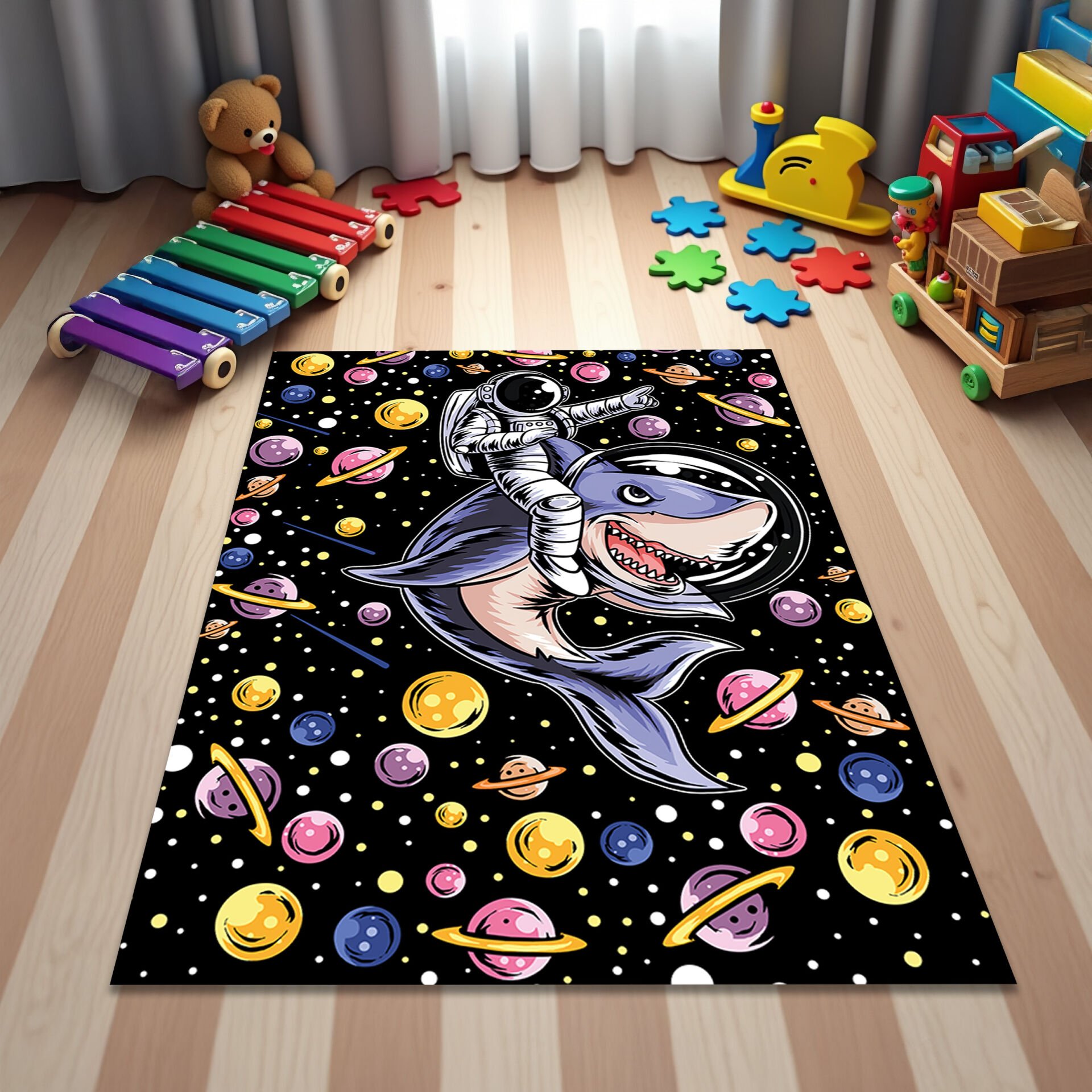 Astronaut Riding Shark Kids Room Rug – Colorful Space Galaxy Carpet