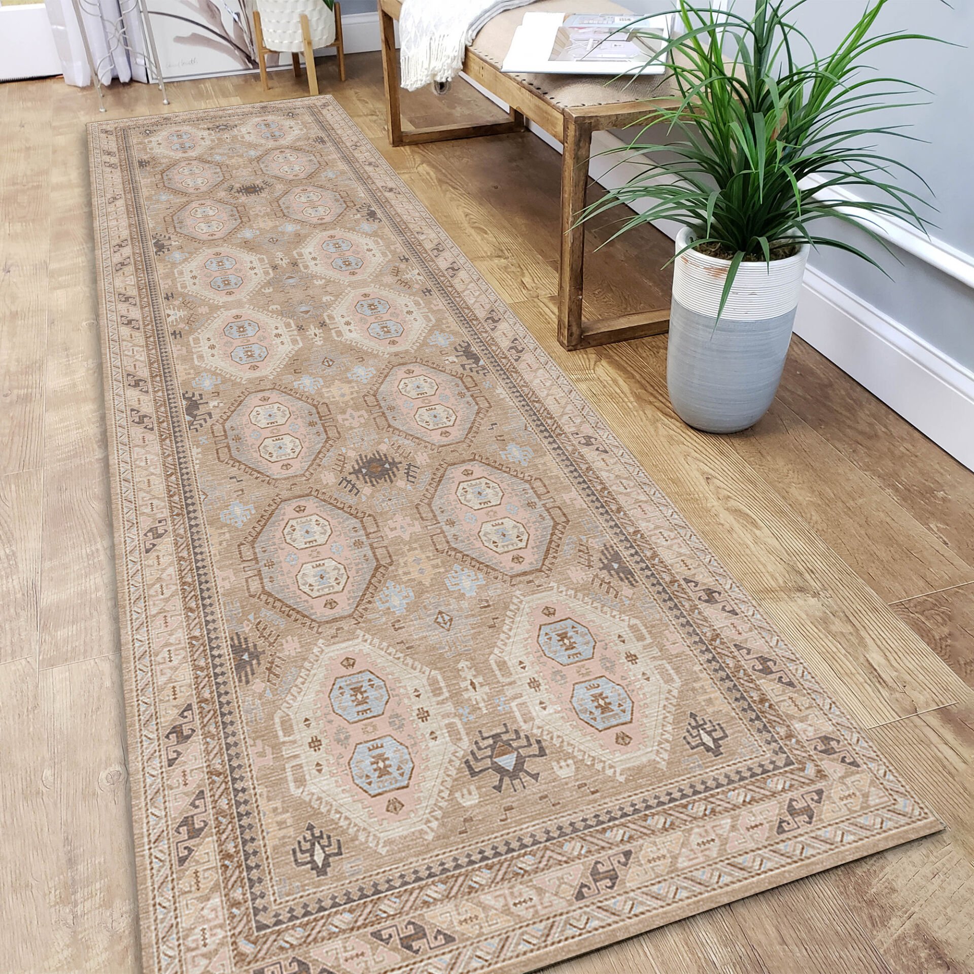 Beige Oriental Runner Rug Geometric Tribal Pattern Decorative Carpet