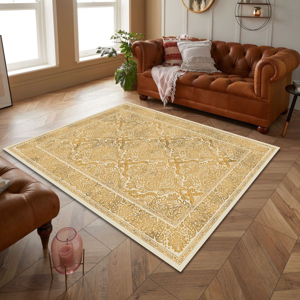 Golden Yellow Oriental Area Rug Intricate Paisley Floral Pattern Carpet