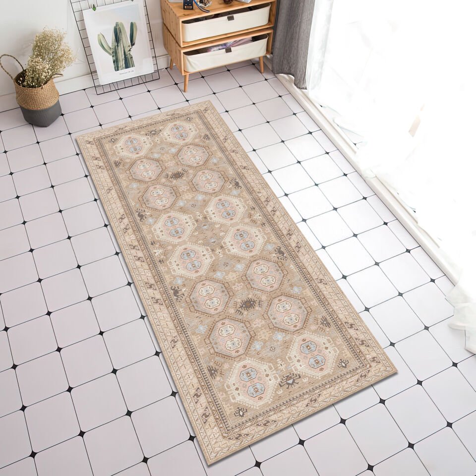 Beige Oriental Runner Rug Geometric Tribal Pattern Decorative Carpet